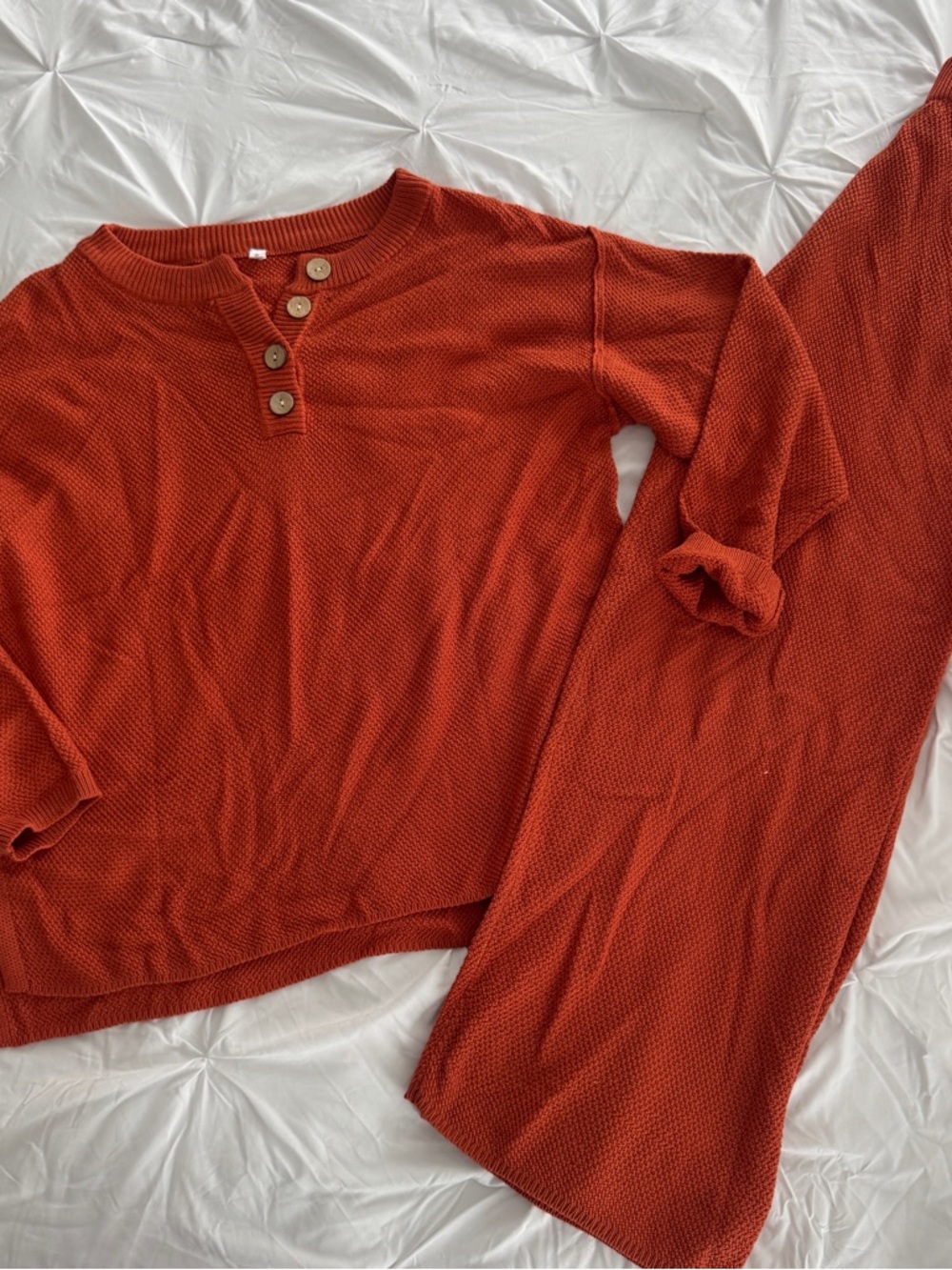 Rust Waffle Knit Two-Piece Lounge Set with Button Henley